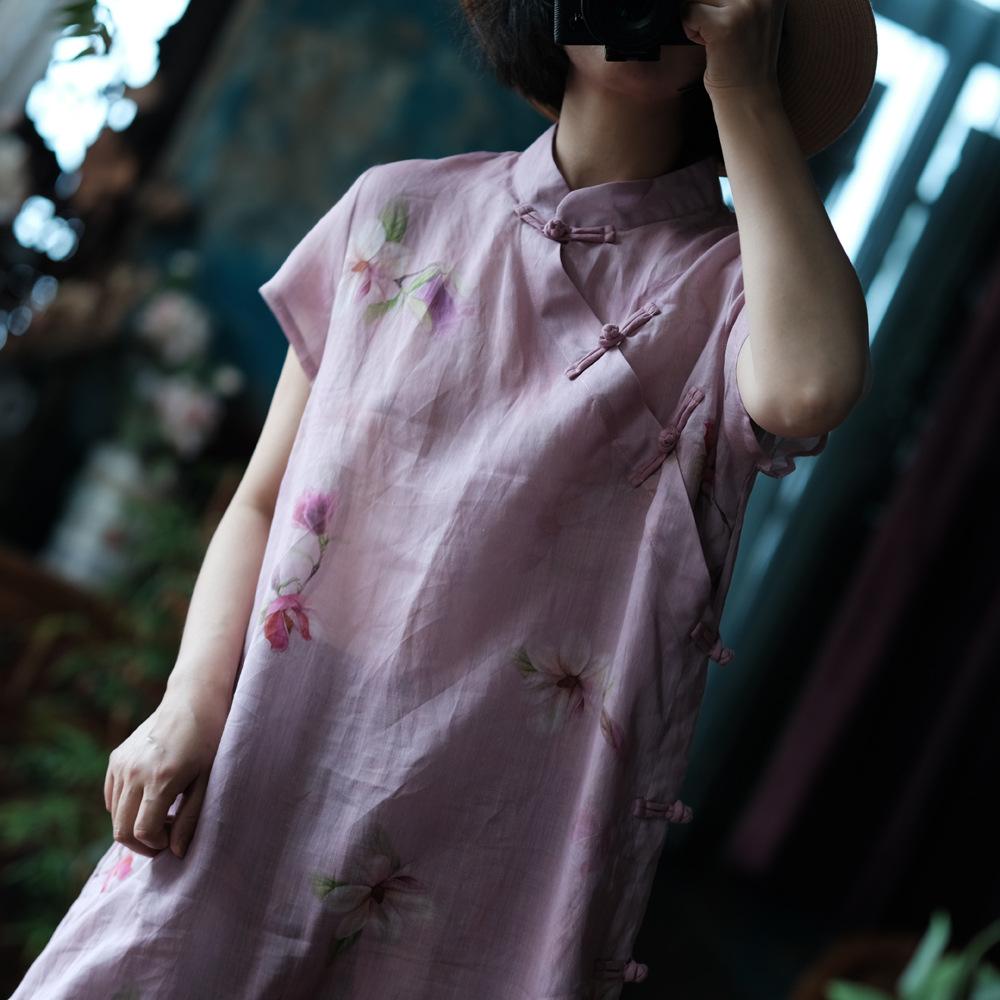 Johnature Women Vintage Print Floral Dress Stand Short Sleeve Summer Button A-Line Chinese Style Dress