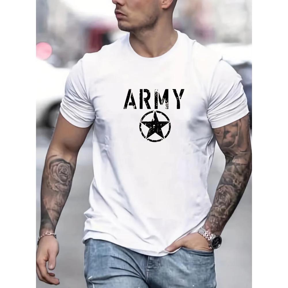 Men's Summer 100 Cotton Fashionable Casual Loose Sports ARMY and Five Pointed Star Printed Round Neck Short Sleeved T-shirt Top