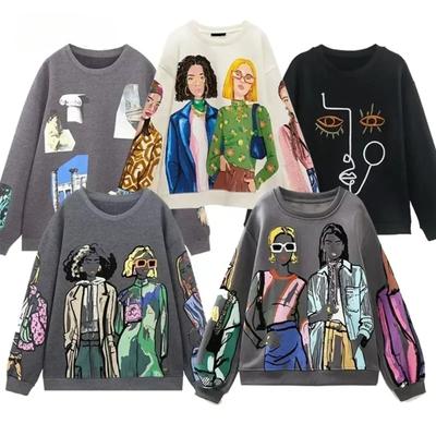 Women Sweatshirts 2024 New Fashion Beauty Girls Print Casual Sweatshirts Female O Neck Hoodies Chic Pullovers Tops
