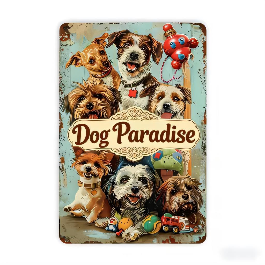 Tin Sign Dog Paradise Vintage Metal Plaque Cute Puppy Cartoon Art Wall Decor for Home Bar Garage Retro Metal Poster Indoor Out