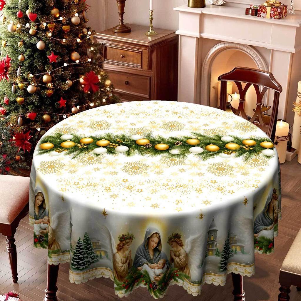 Christmas, Jesus Rectangular Round Tablecloth, Snow Christmas Tree Elements, Table Decorations, Festive Atmosphere