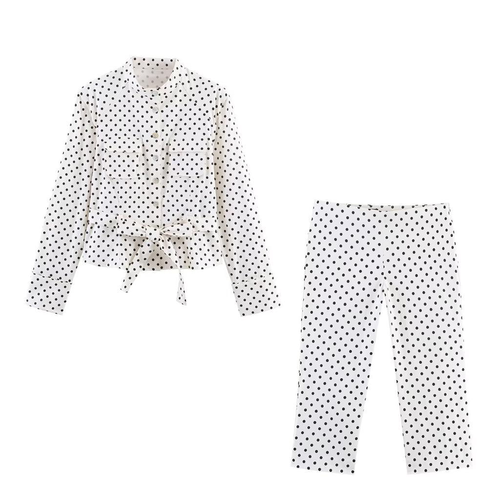 European and American style, wholesale women's cross-border polka dot shirt jacket + Capri pants + high waist and naked pants
