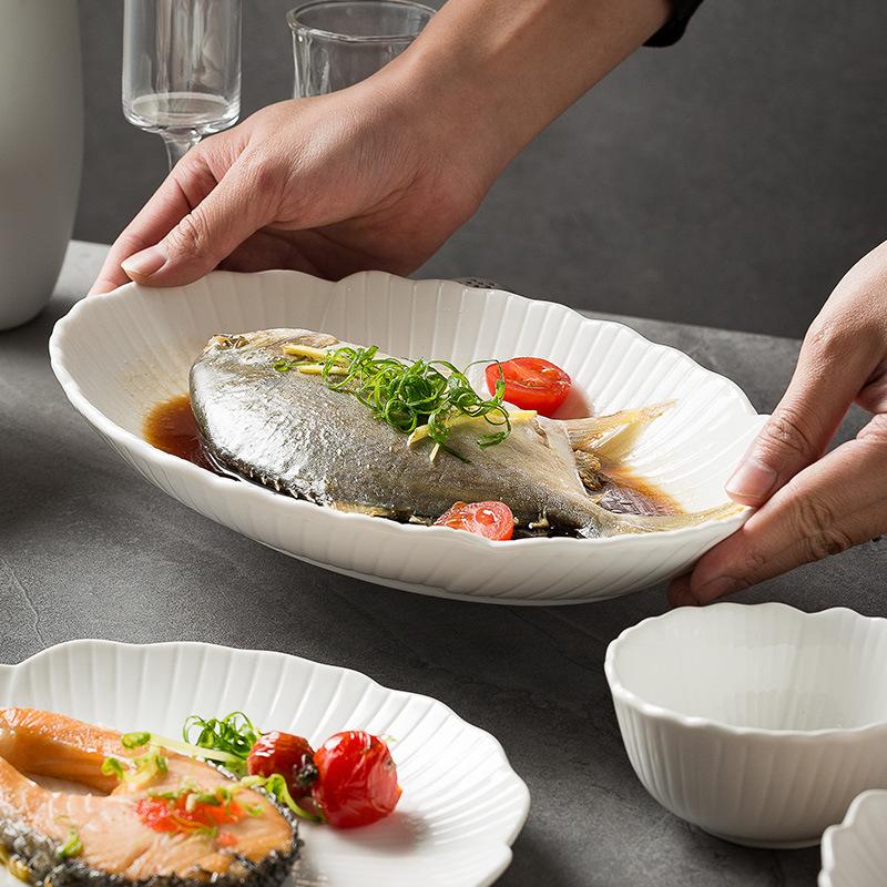 Underglaze Color Tableware Bowl Combination Household New Fish Plate Vegetable Plate White Tableware Simple Pattern Bowl Plate