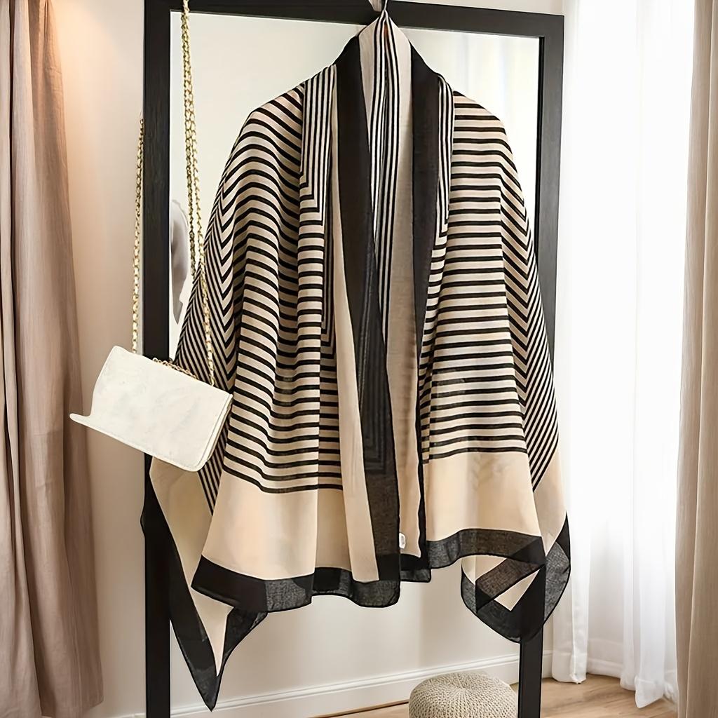 Boho Chic Black & Beige Striped Scarf - Lightweight Polyester, Warm & Stylish for Evening Outings, Perfect for Cold Weather Accessories, Decorative We