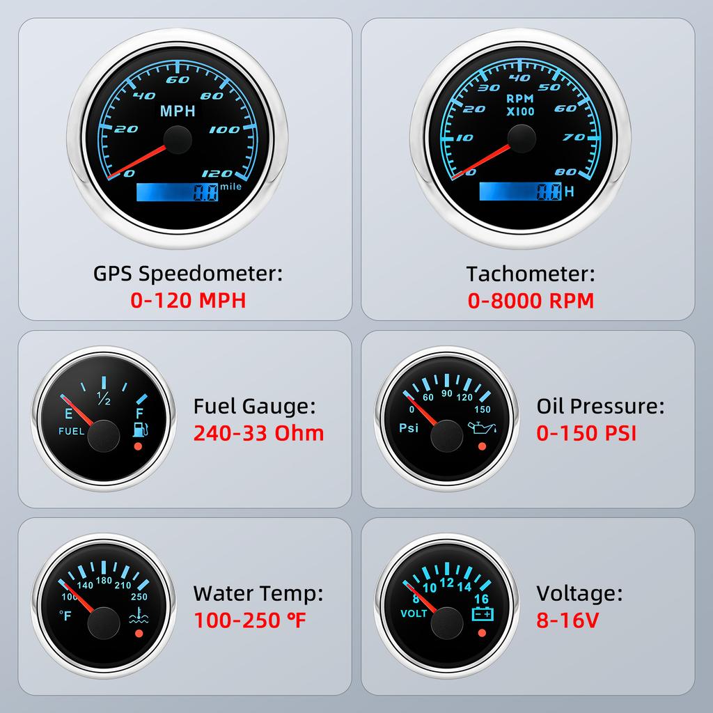85mm Tachometer GPS Speedometer for Car Boat Multi-functional Gauges Kit with Sensor 52mm Water Temp Volt Oil Press Fuel Meter
