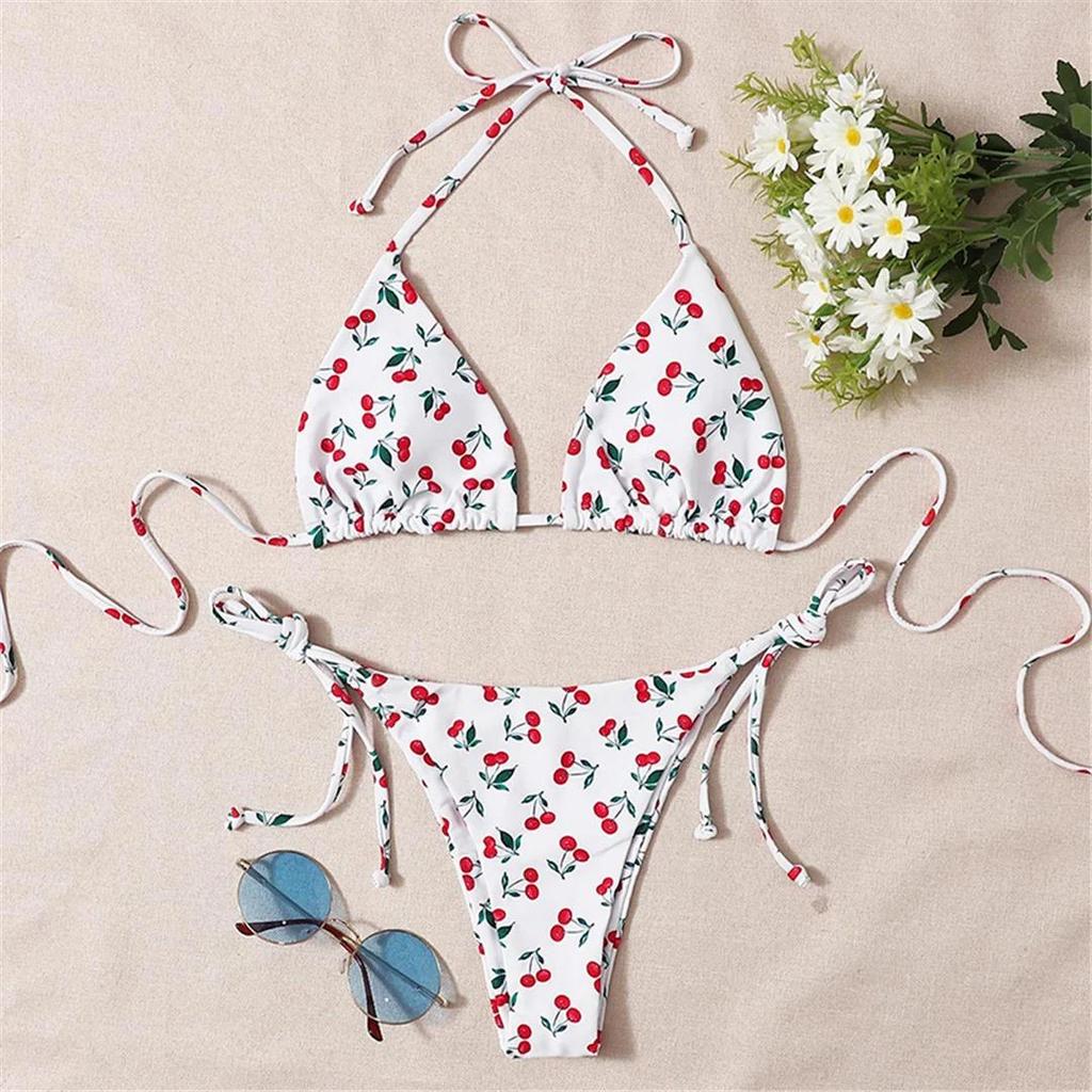 Cherry Printed Halter Strappy Bikini Female Swimsuit Women Swimwear Two-pieces Bikini Set Bather Bathing Suit Swim