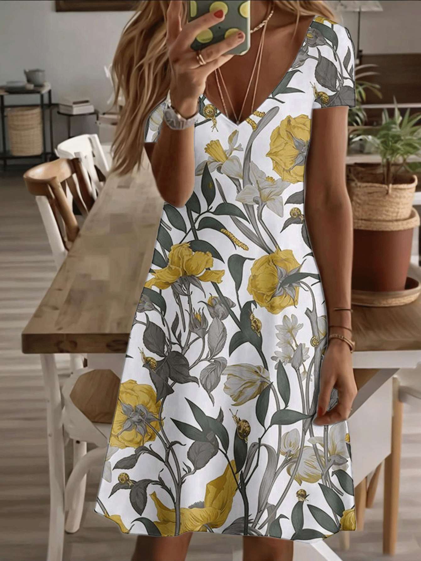 

Vneck shortsleeve midi dress yellow floral print pattern 3D premium printing durable casual fashion summer women elegant garden bloom style comfortabl 8XL дубильная кора