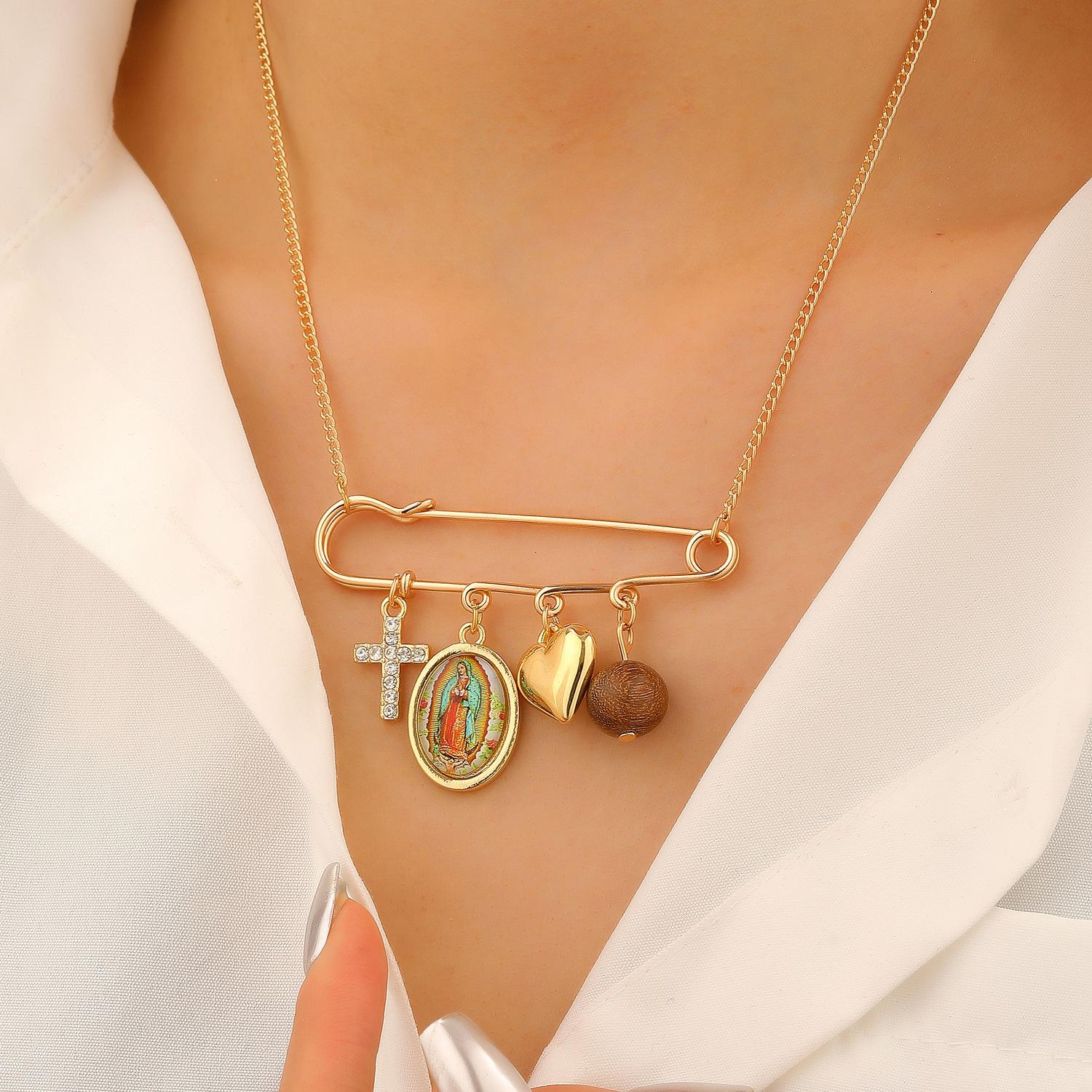 

Vintage Virgin Mary Cross Heart Necklace Paperclip Safety Pin Pendant Women Neck Jewelry 4