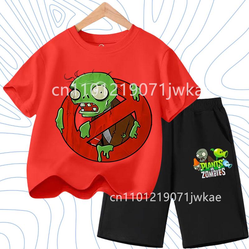 Children's Plants Vs. Zombies Short-Sleeved T-Shirt Set Cotton Summer Fashion Comfortable Top+pants for Boys and Girls
