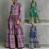 Large Size Retro Purple Ethnic Totem Print Stand-up Collar Long-sleeved Dress Loose High Waist Meat Cover with Pocket