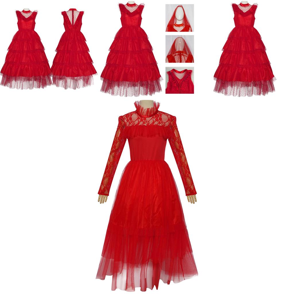 Elegant Lydia Beetlejuice Red Tulle Cosplay Dress For Halloween And Performances