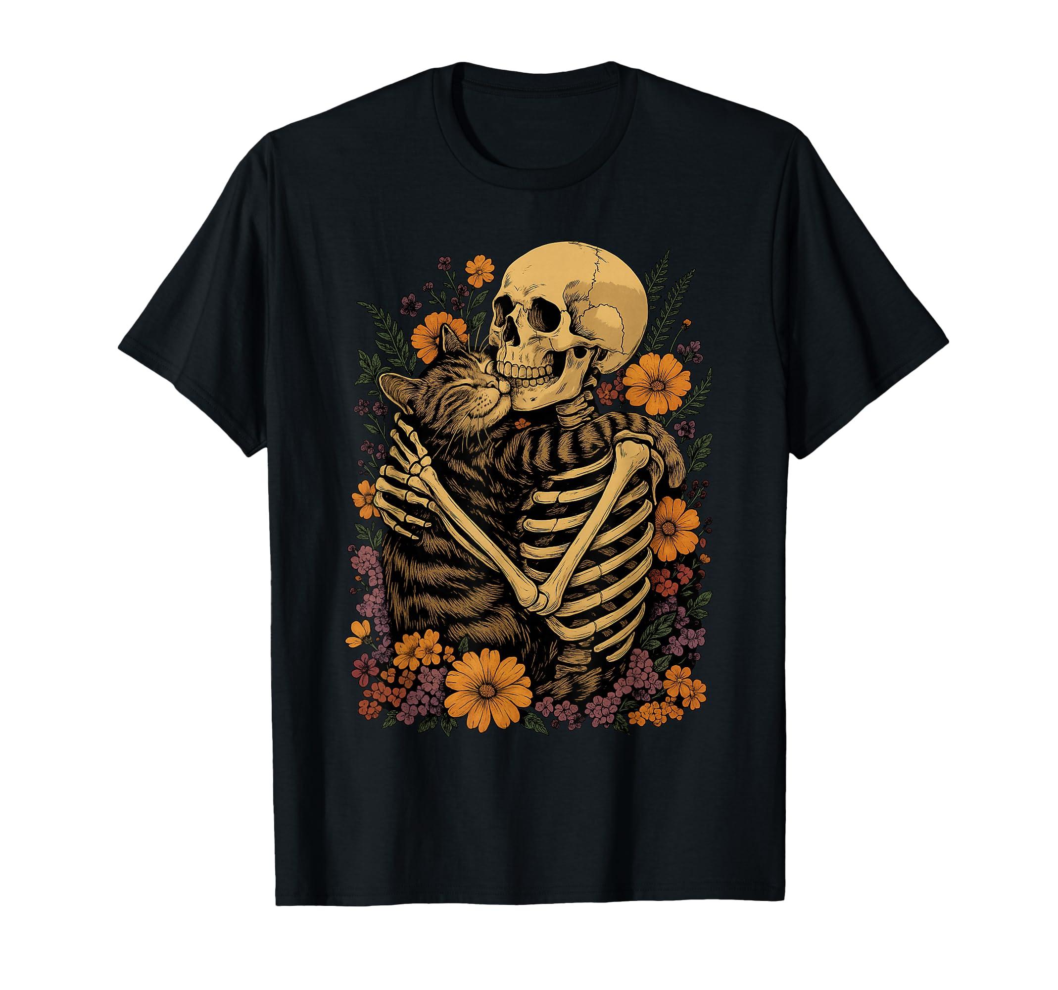 

Skeleton Hugging Cat Halloween Cat Lover Cat Mom Dad T-Shirt Men Women Fashion Vintage Humor Short Sleeve Tops Graphic T Shirts 4XL