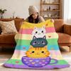 1pc Cozy Cartoon Cat Print Flannel Blanket - Soft Warm All-Season Throw with Whimsical Kittens In Mugs Design, Multi-Color Strip