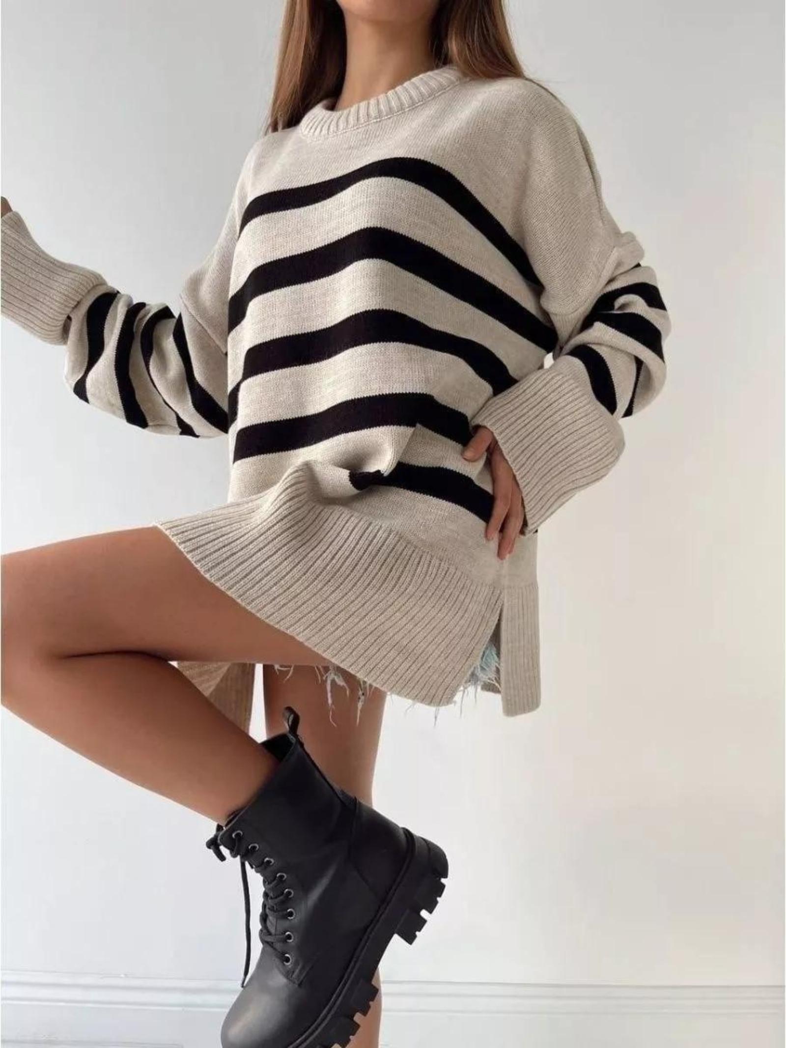 

Women s Knitted Sweater - Autumn/Winter New Arrival European-Style Striped Oversized Neck Pullover Cardigan One Size