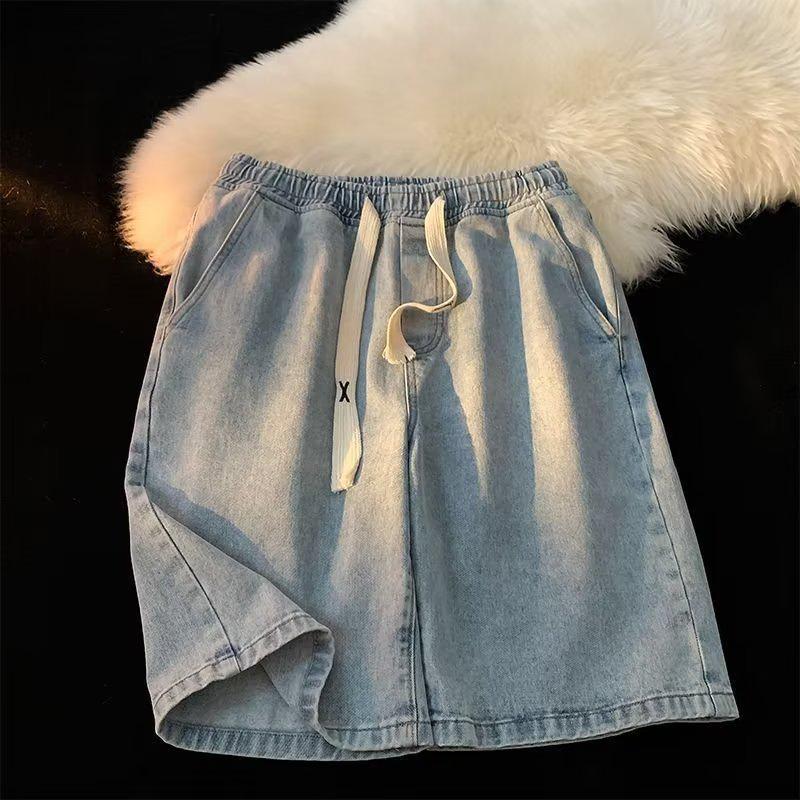 2024 Men's Chic Hong Kong Style Distressed Wide-Leg Denim Shorts with Elastic Waist