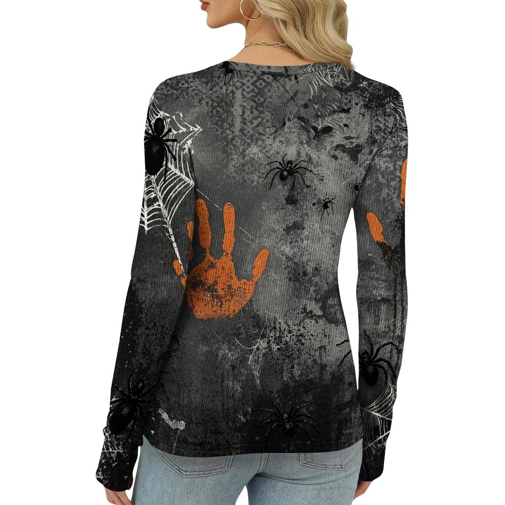 Women's Slim Fit Halloween Print Pullover Long Sleeve T Shirt Crew Neck Base Layer Top with Thumb Hole Cuffs