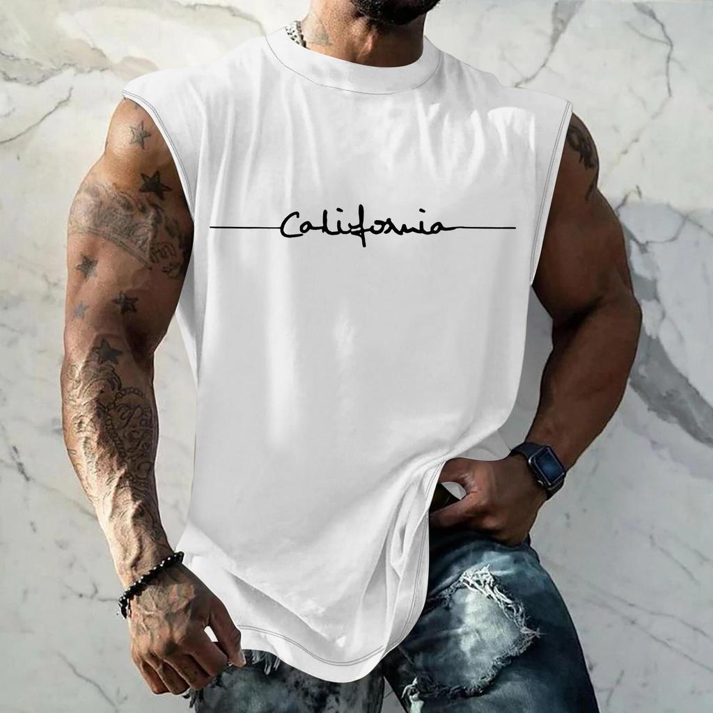 Men's Casual Loose Fit Sleeveless T Shirt Muscle Tank Top with California Letter Print for Summer Outdoor Activities