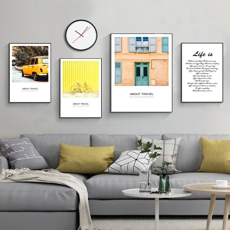 Nordic Yellow Car Bike Building Canvas Paintings Decorative Landscape Wall Art Posters and Pictures for Girl Boy Room Home Decor