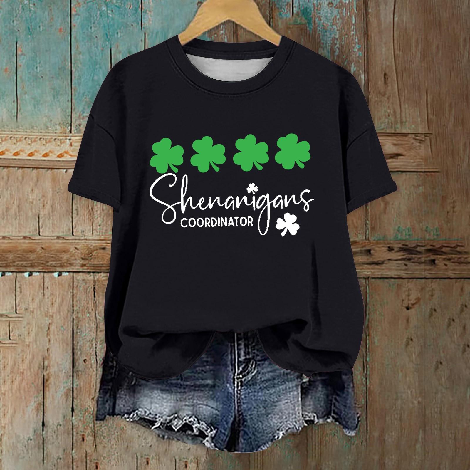 

Женская мода повседневная с заниженной линией плеча короткая St. Футболка с круглым вырезом и принтом ко Дню Святого Патрика M