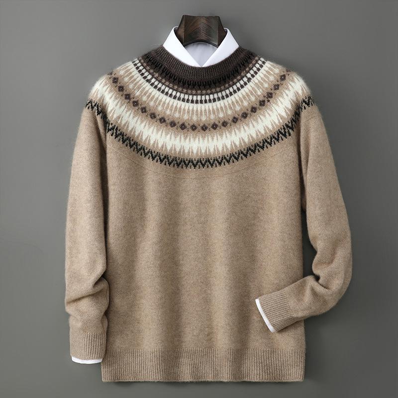 Мужской ретро-свитер Fair Isle из шерсти - Толстая вязка, воротник-стойка XXL