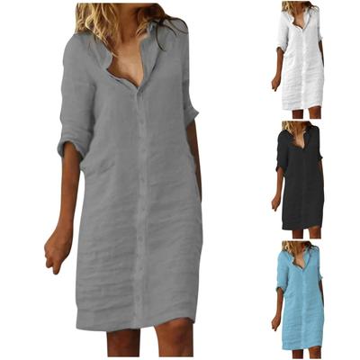 Women's Summer Retro Solid Color Cotton Linen V-Neck 3/4 Sleeve Dress Light Breathable Dress