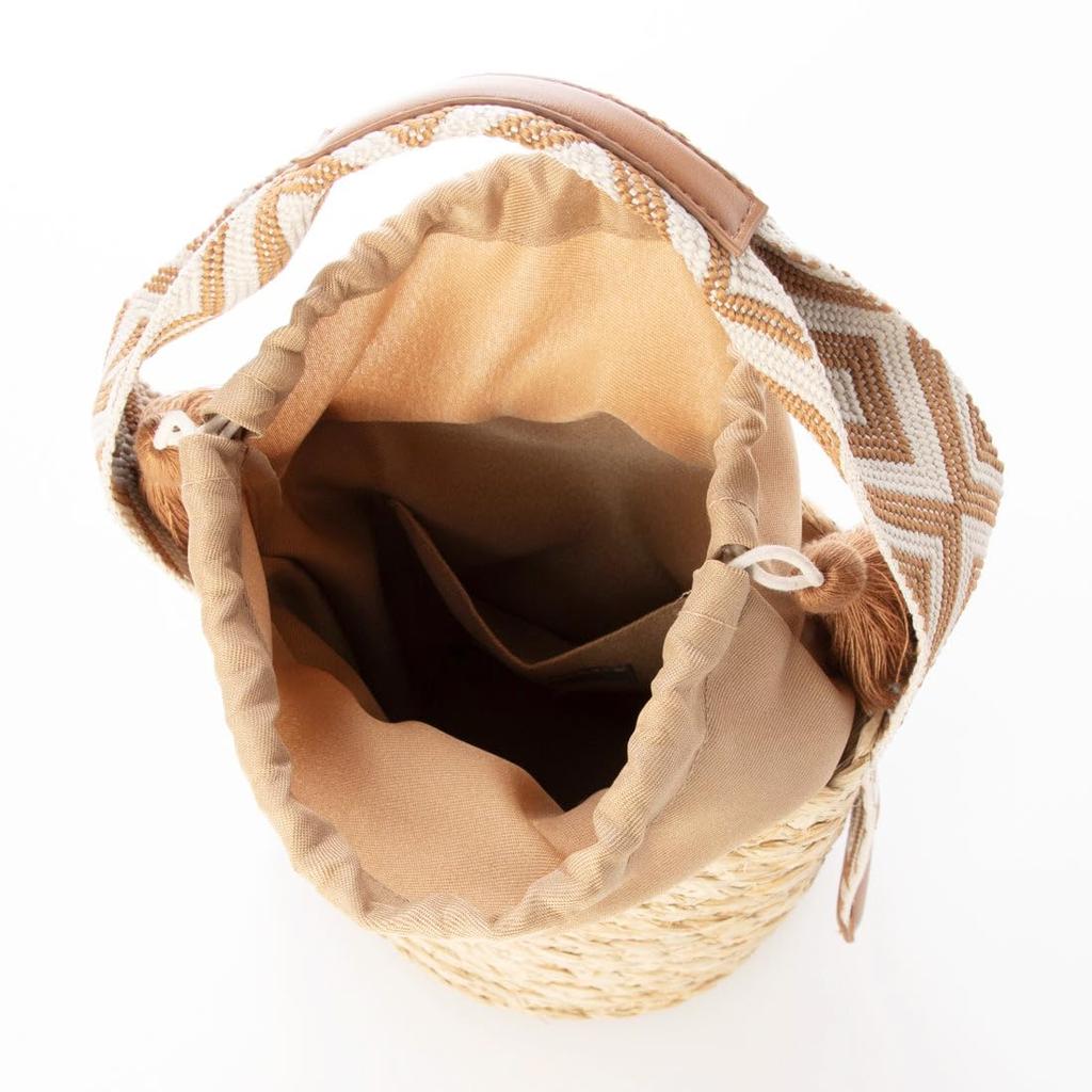 [Kashkash] Jacquard Tape Handle Raffia Bucket Tote