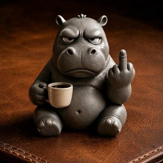 Sculture Animali da Scrivania Compatte Media?Figurina Ippopotamo con Tazza da Caffè, Statuetta Divertente in Resina, Ornamenti Minimalisti Originali per Scrivania per