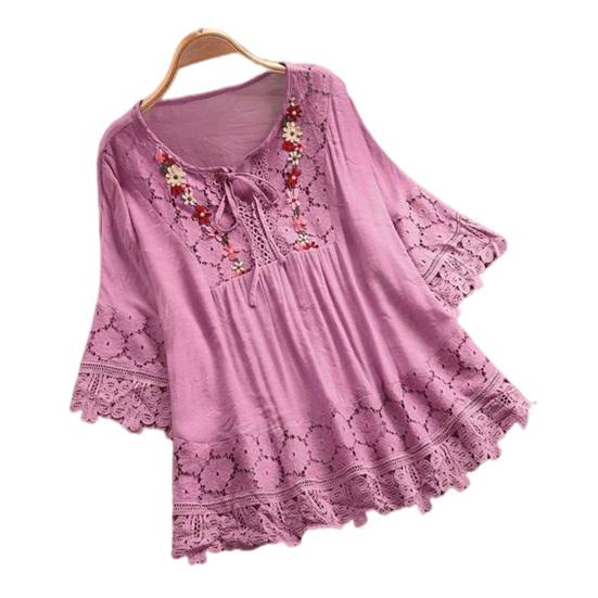 V-Ausschnitt 45720 Ärmel Schnürung Schleife Sommerhemd Vintage Spitze Patchwork Stickerei Blumendekor