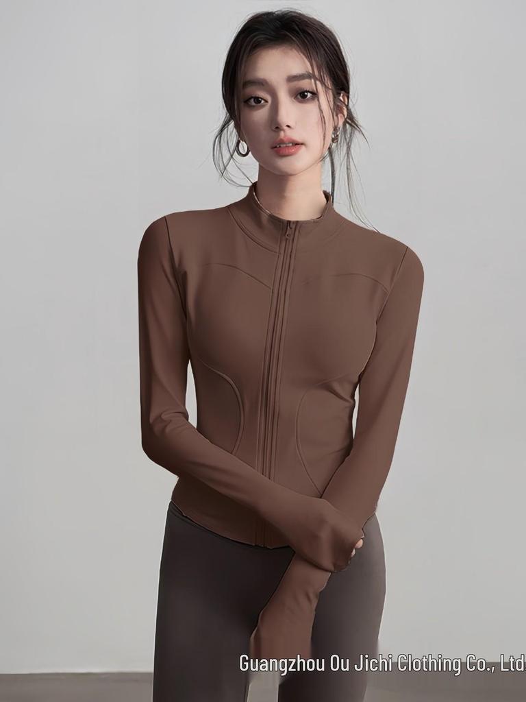 Women's Slim-Fit High Collar Yoga Jacket - Long Sleeve Knit Top for Outdoor Fitness