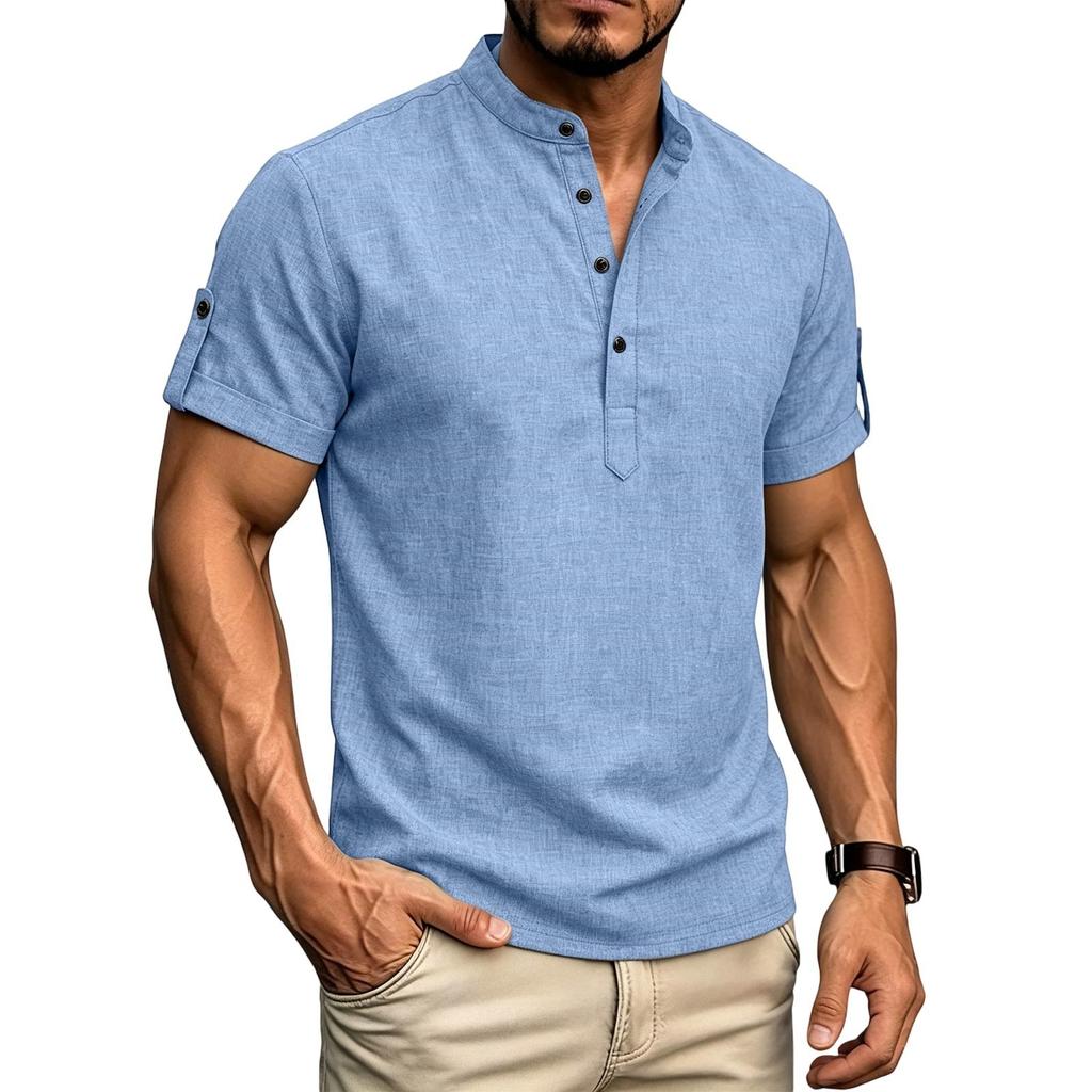 Herren Freizeit Henley-Shirt Kurzarm Geknöpfter Kragen Leichtes Atmungsaktives Gewebe Sommer Oberteil für den Alltag