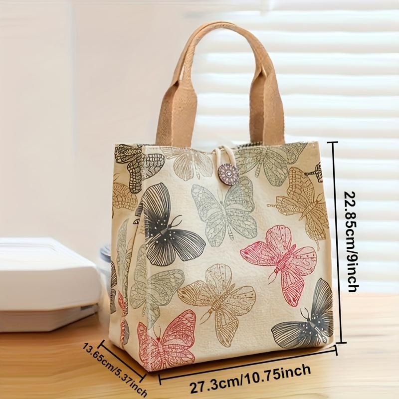 

1 шт. Холщовая сумка-тоут с принтом бабочек - Универсальная сумка для ланча с застежкой-пряжкой, Тема животных, Идеально подходит для школы, путешествий, пикника, использования в офисе, Портативная бежевый