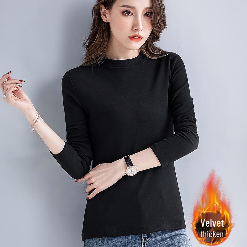 Women's Black Slim Fit Long Sleeve Thermal Top - Plush, Thickened for Warmth, Autumn/Winter 2025.