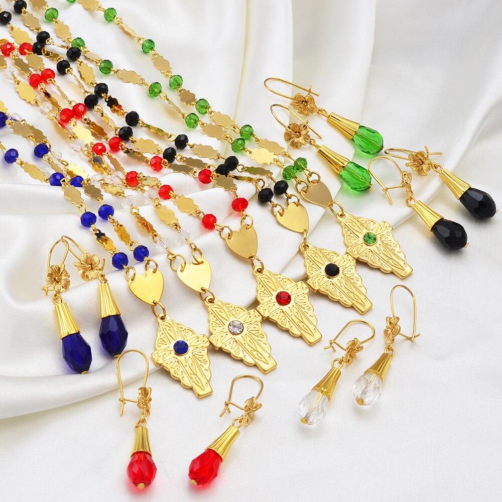 Anniyo Hawaiian Jewelry sets Flower Cross Pendant Necklaces Earrings Crystal Bead Ball Chains Guam Micronesia Chuuk #252106
