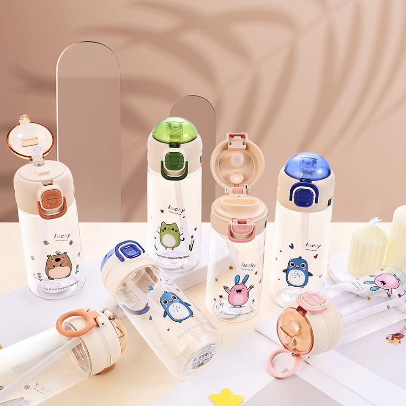 Water Bottle Summer High Value Simple Fresh Double Drink Straw Cup Male and Female Students Water Cup Cartoon Portable Anti-drop Cup