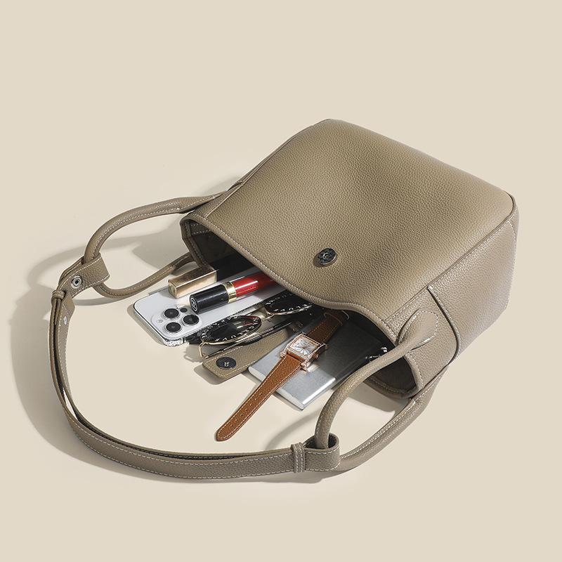Genuine Leather Women's Soft Bucket Bag - Unique Style & Solid Color Handbag