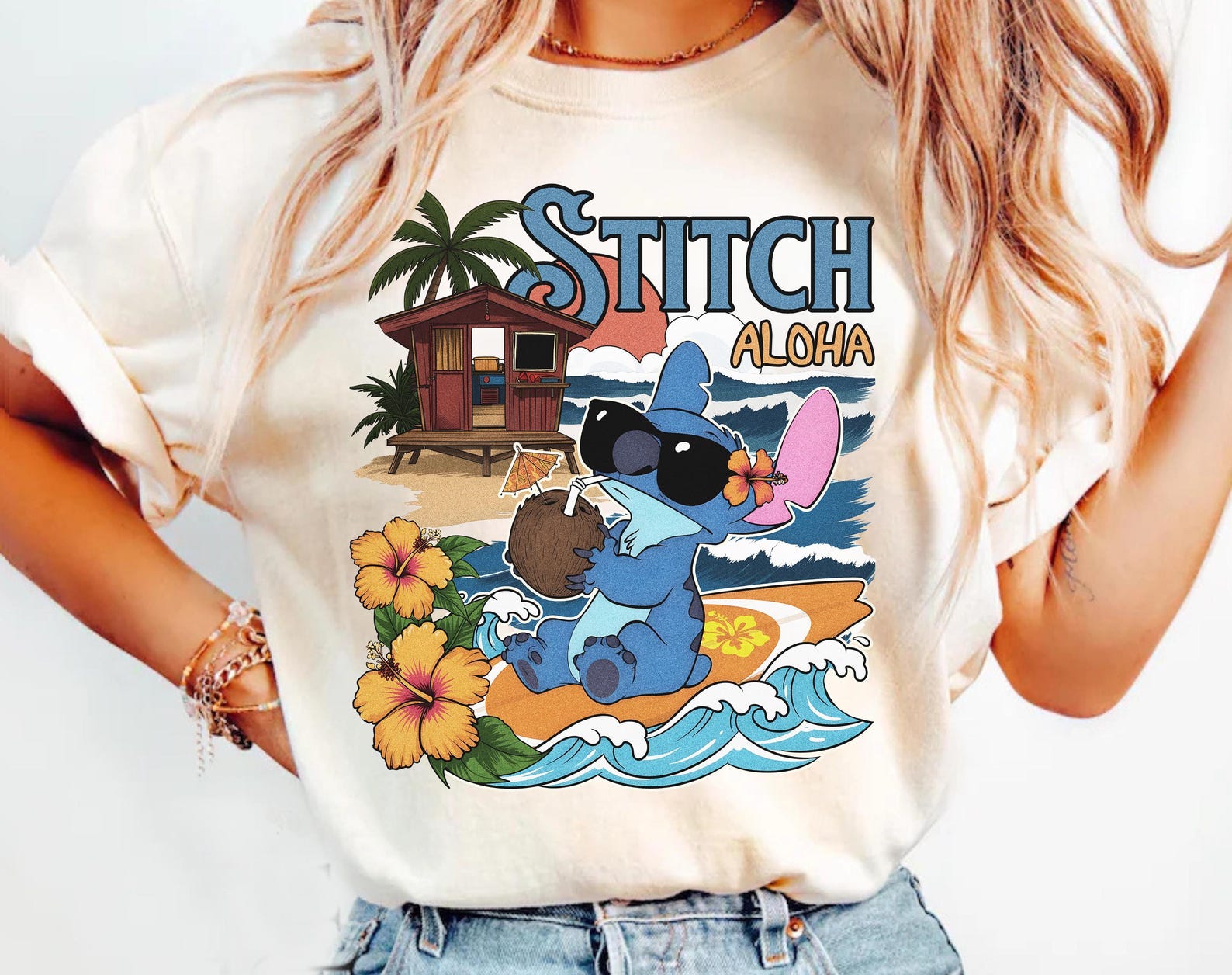 Stitch Aloha Surf T-Shirt, Retro Tropical Beach Vacation Tee XL