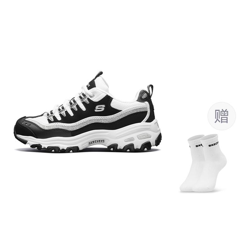 Skechers D'Lites Cushioning Lightweight Height Increasing Low Top Chunky Sneakers Women's Black White (Unisex) Chunky Sneakers 11914 BKW