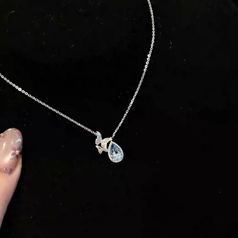 Hui Zhiyi S925 Silver Topaz Butterfly Necklace – Light Blue Teardrop Pendant