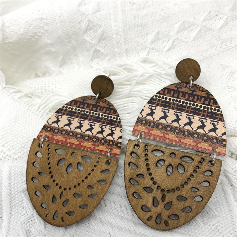 European Retro Wooden Long Print Earrings with Hollow Design