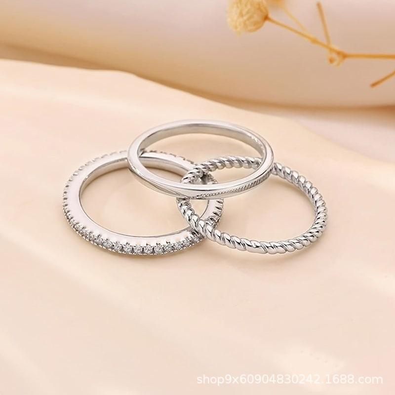 3-Piece women s fashion personalized copper inlaid synthetic zircon ring women s plain ring casual stacking jewelry no. 6