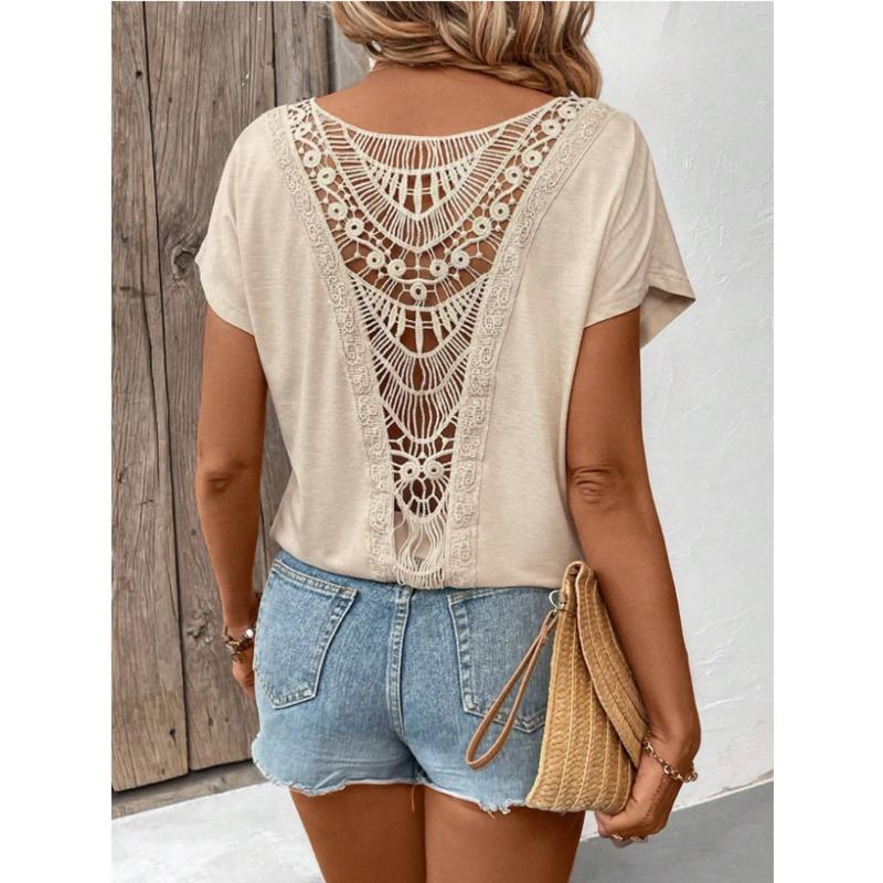 Summer Back Lace Splicing Short Sleeved T-shirt O Neck Loose Office Blouse Women Sweet Hollow Out Solid Color Tops Female Elegant Simple Shirts