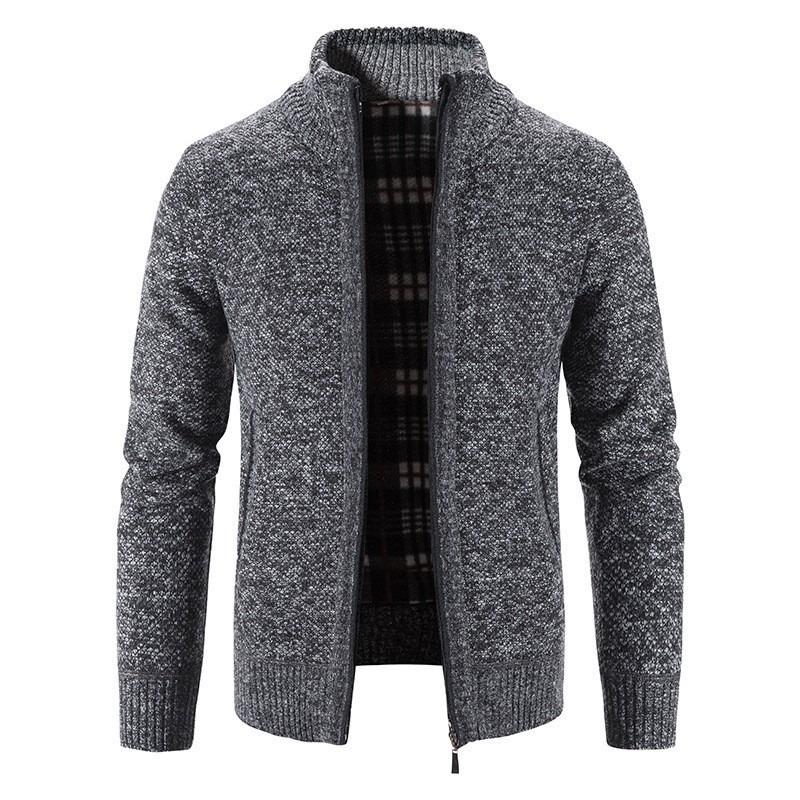Mens Stand Collar Fleece Lined Solid Loose Knit Zip Up Long Sleeve Sweater Cardigan Coat
