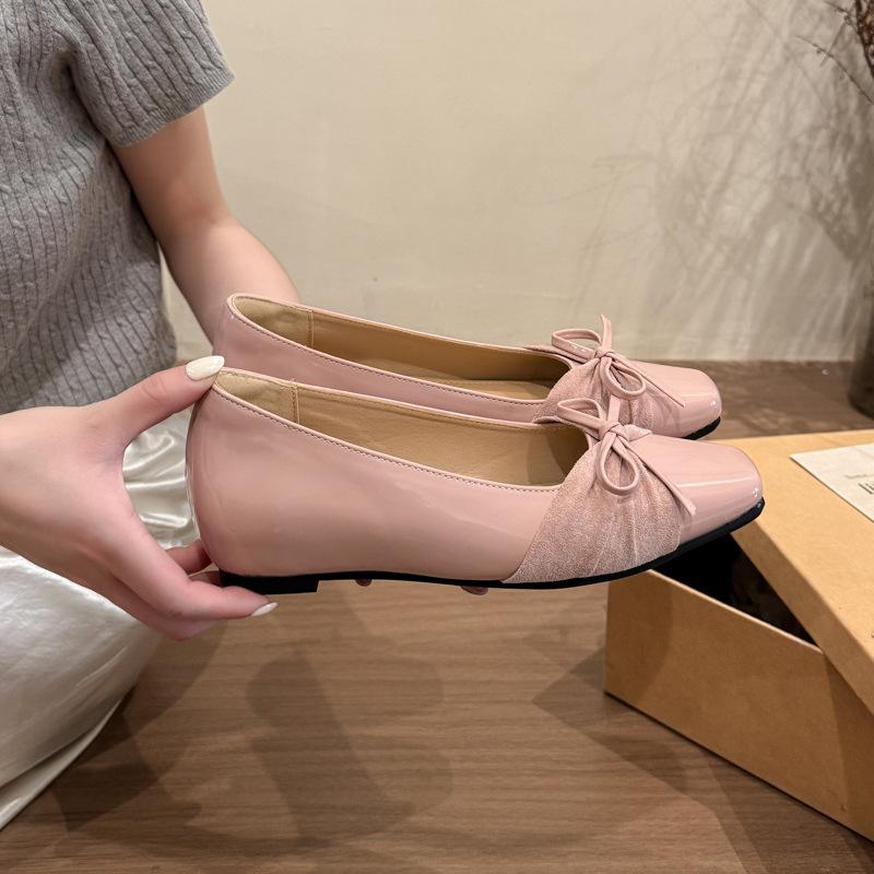 Inner height increase gentle square head bow single shoes new fashion temperament bridesmaid shoes light mouth small leather shoes