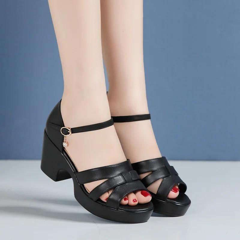 7cm 9cm Comfortable Quality Genuine Leather Sandals Women Summer 2025 Block High Heels Sandals Platform Shoes Office Mom Model