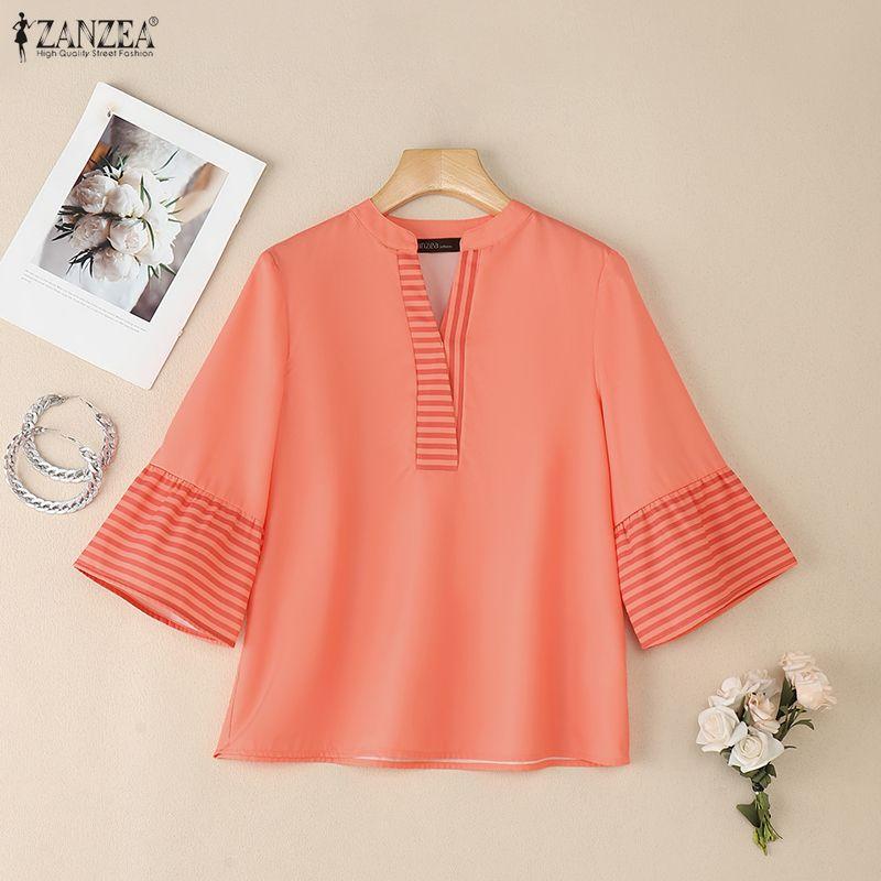 ZANZEA Women Casual V-Neck Loose 3/4 Sleeve Retro Blouse