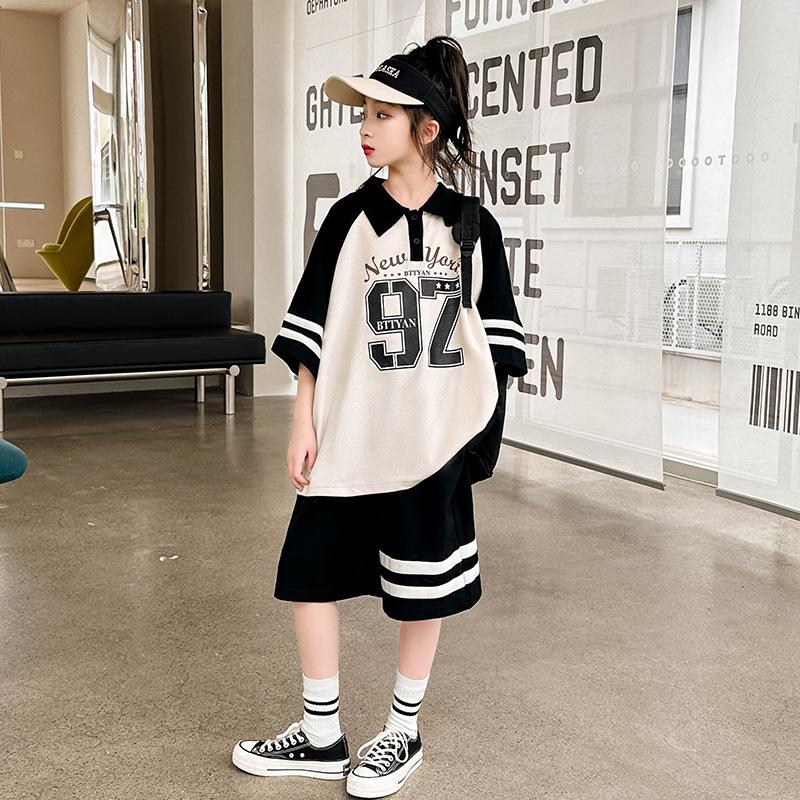 

Summer Casual Girls Contrast Striped Children s T-Shirt Tops+Short Pant Sets School Kids Tracksuit Child 2PCS Outfit 5-16Yrs 120 чёрный