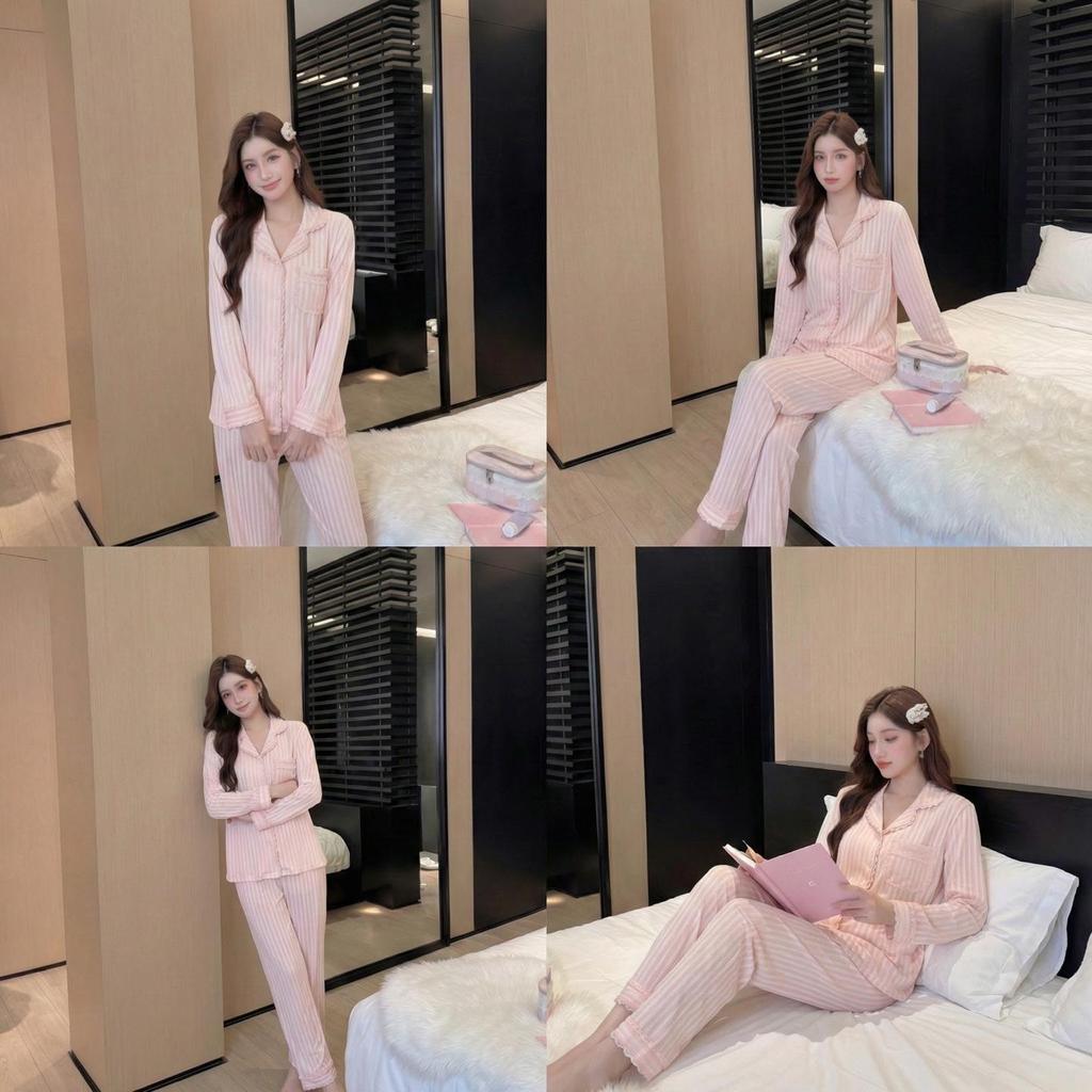 Women's Red Ice Silk Pajamas - Long Sleeve and Pants, Lightweight Casual Homewear for Spring and Summer