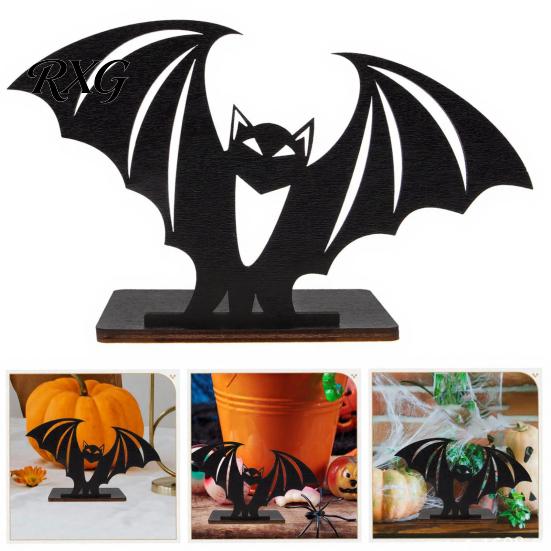 Halloween Desktop Decor Bat Ornament, Solid Wood Tea Candle Holder, Black Table Ornament Spooky Decoration, for Electronic Candles Horror Atmosphere
