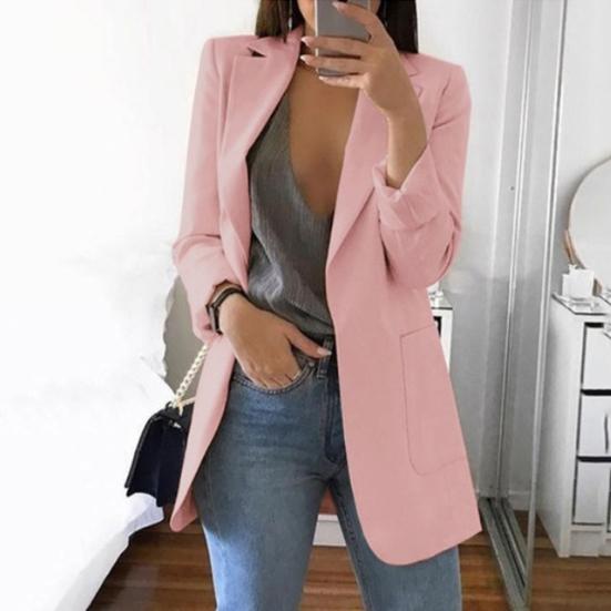Costume de bureau mode pour femme Couleur unie Sans bouton Revers Coupe ajustée Blazer Manteau