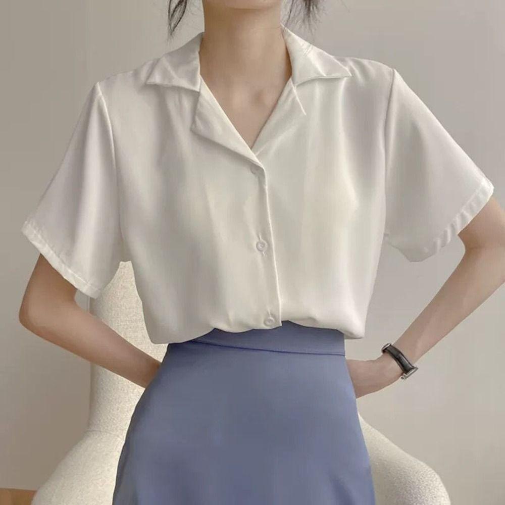 

Single-breasted Basic Lapel Blouse Tops V-neck Women s Chiffon Blouse Streatwear